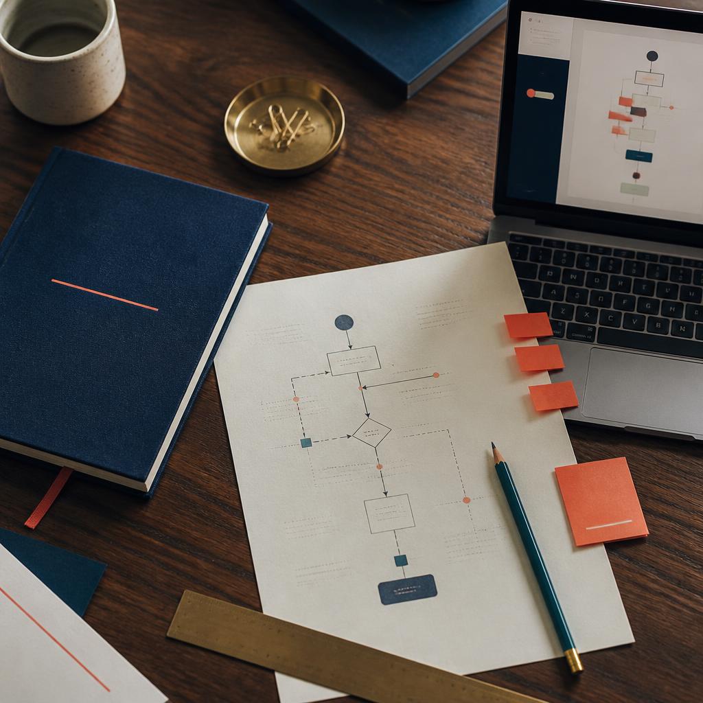A process mapped out on paper next to a laptop, the same process rebuilt as working software