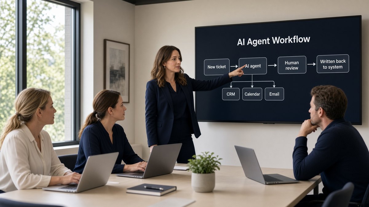 Adult professionals around a conference table during a hands-on training session, one person presenting at a wall display.
